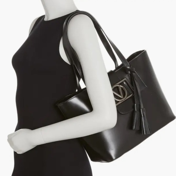NWT Valentino By Mario Valentino Delphine Super V Leather Tote Bag Black - Picture 3 of 9